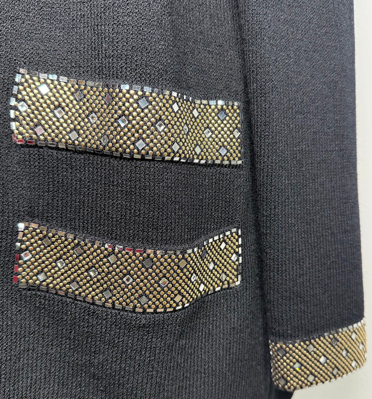 St. John Black Santana Knit Long Evening Jacket – Gold, Silver & Crystal Paillettes – Size 8