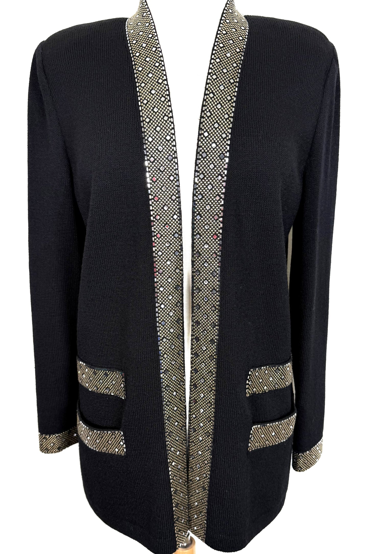St. John Black Santana Knit Long Evening Jacket – Gold, Silver & Crystal Paillettes – Size 8