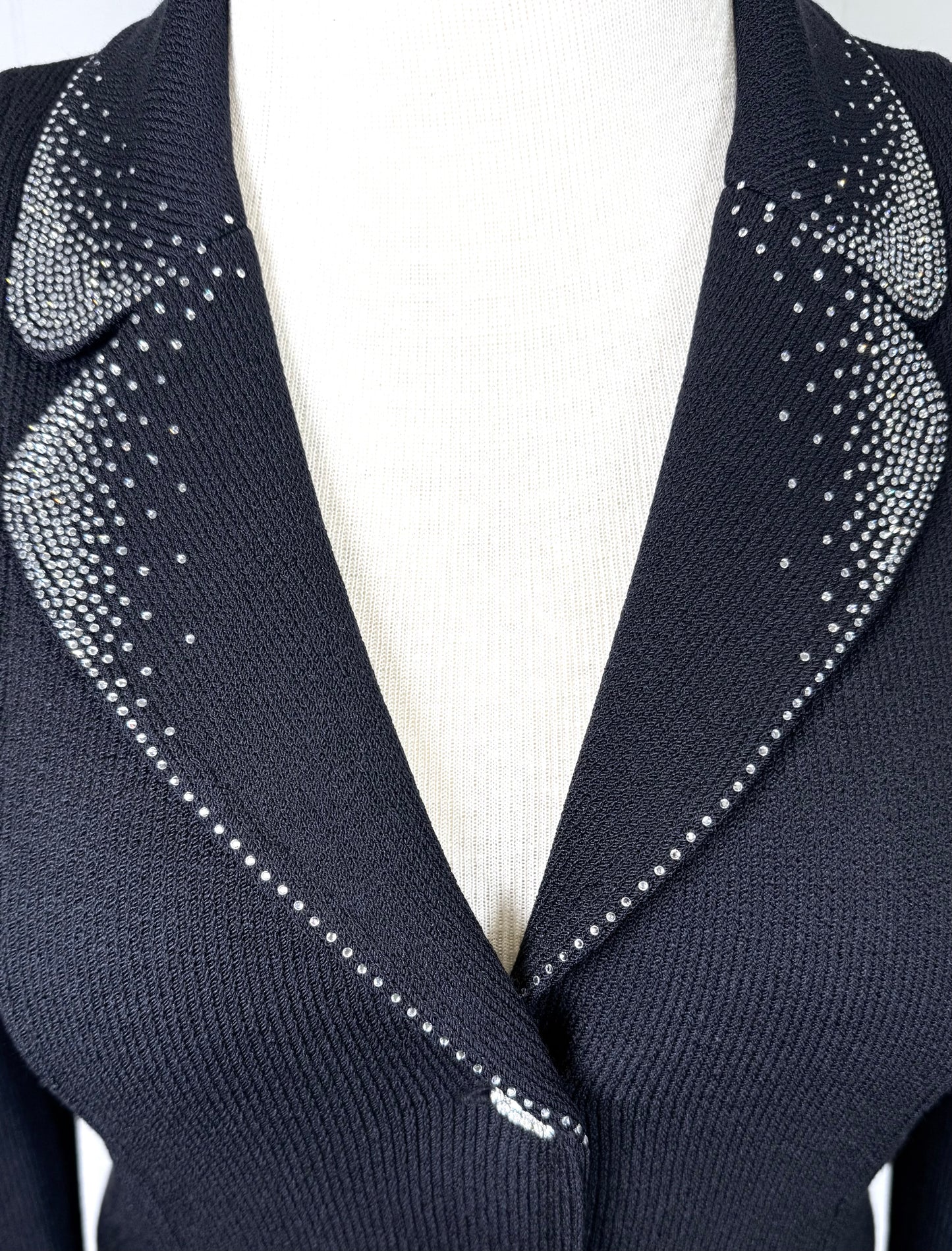 St. John Black Santana Knit Evening Jacket – Crystal Paillette Lapel – Size 6