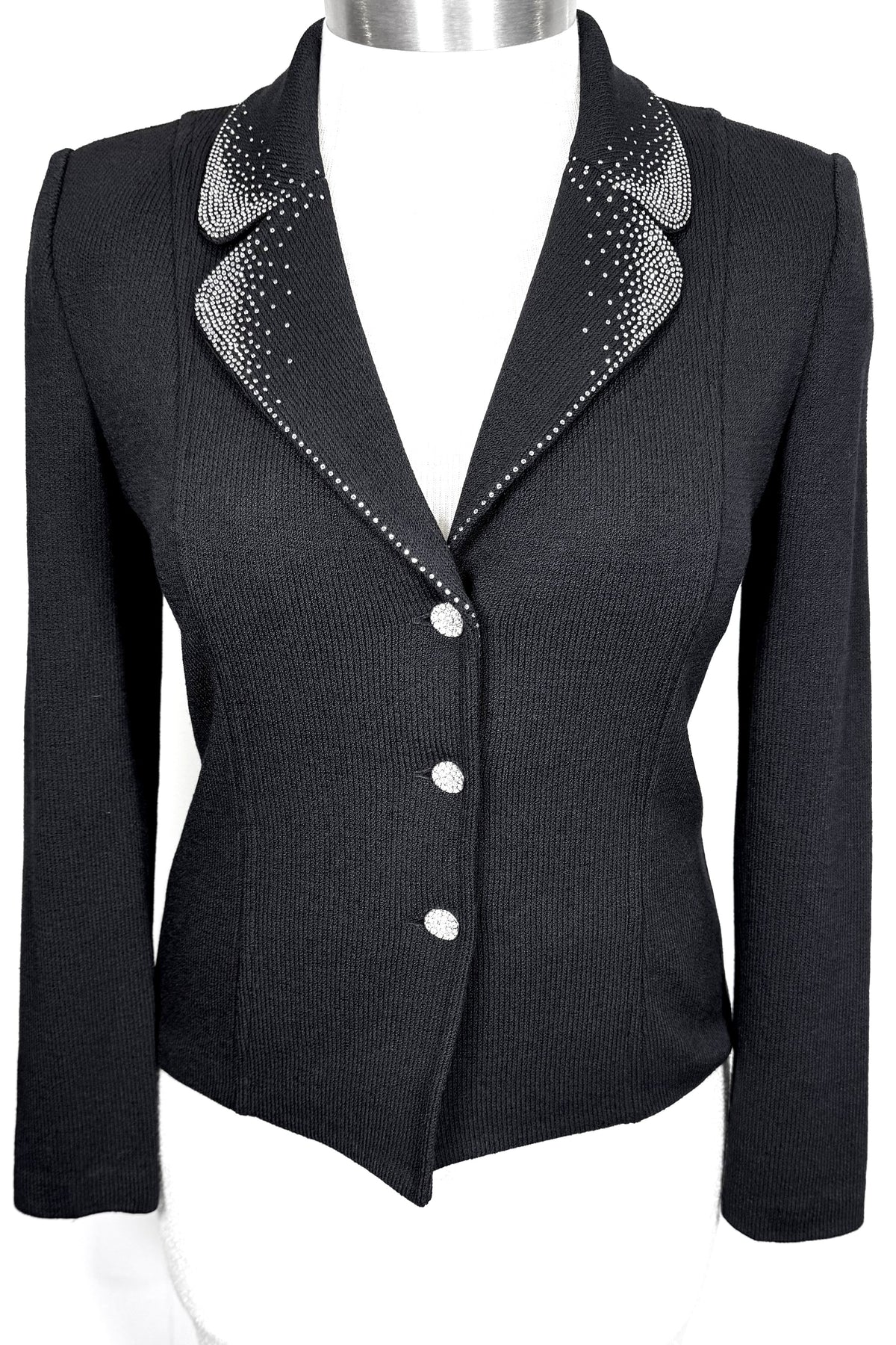 St. John Black Santana Knit Evening Jacket – Crystal Paillette Lapel – Size 6