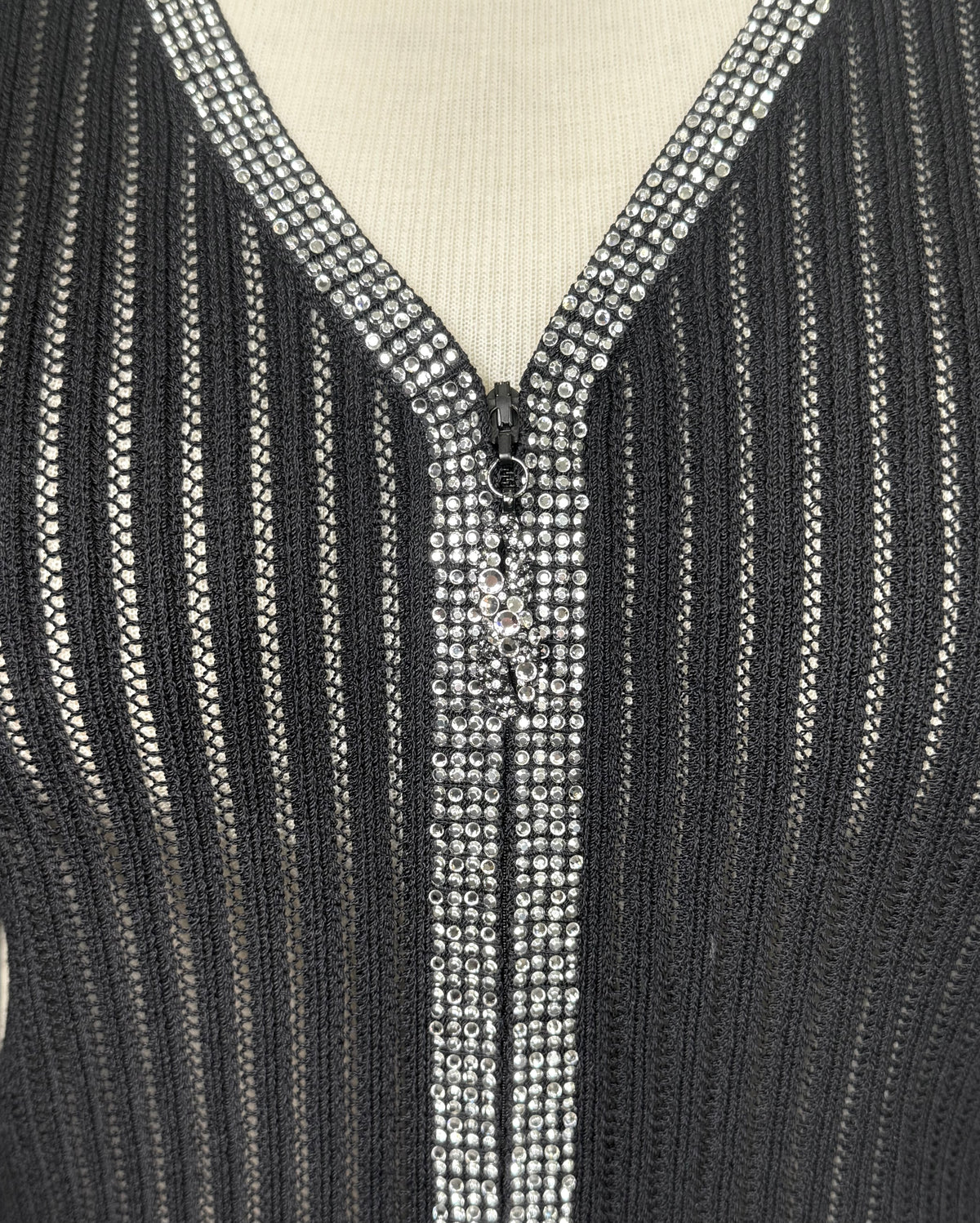 St. John Black Santana Knit Jacket – Crystal Paillettes & Open Stitching – Size 10