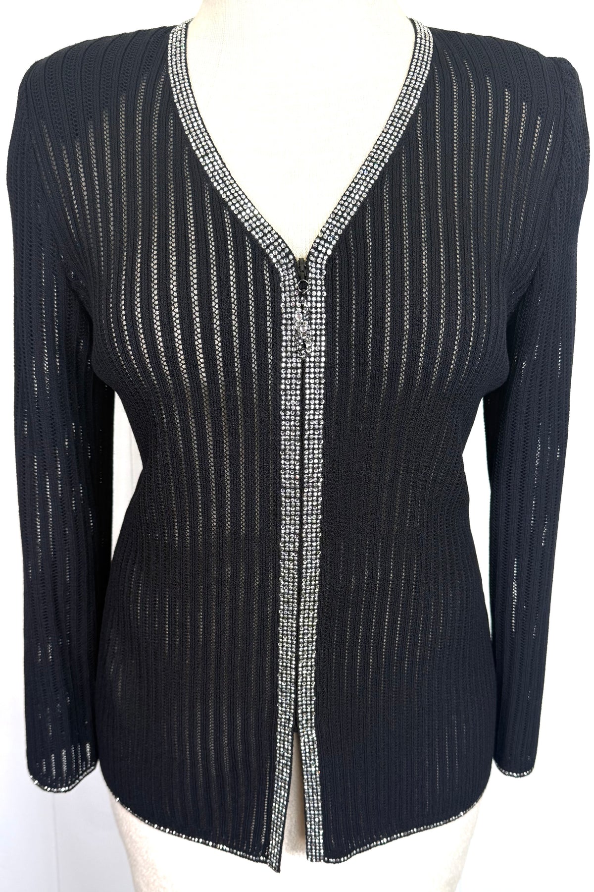 St. John Black Santana Knit Jacket – Crystal Paillettes & Open Stitching – Size 10