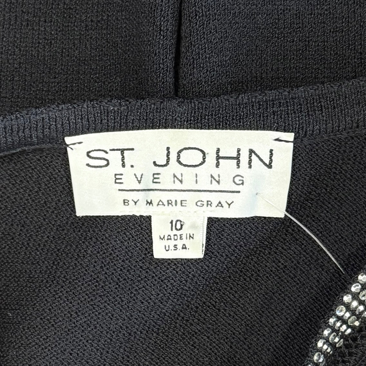 St. John Black Santana Knit Jacket – Crystal Paillettes & Open Stitching – Size 10