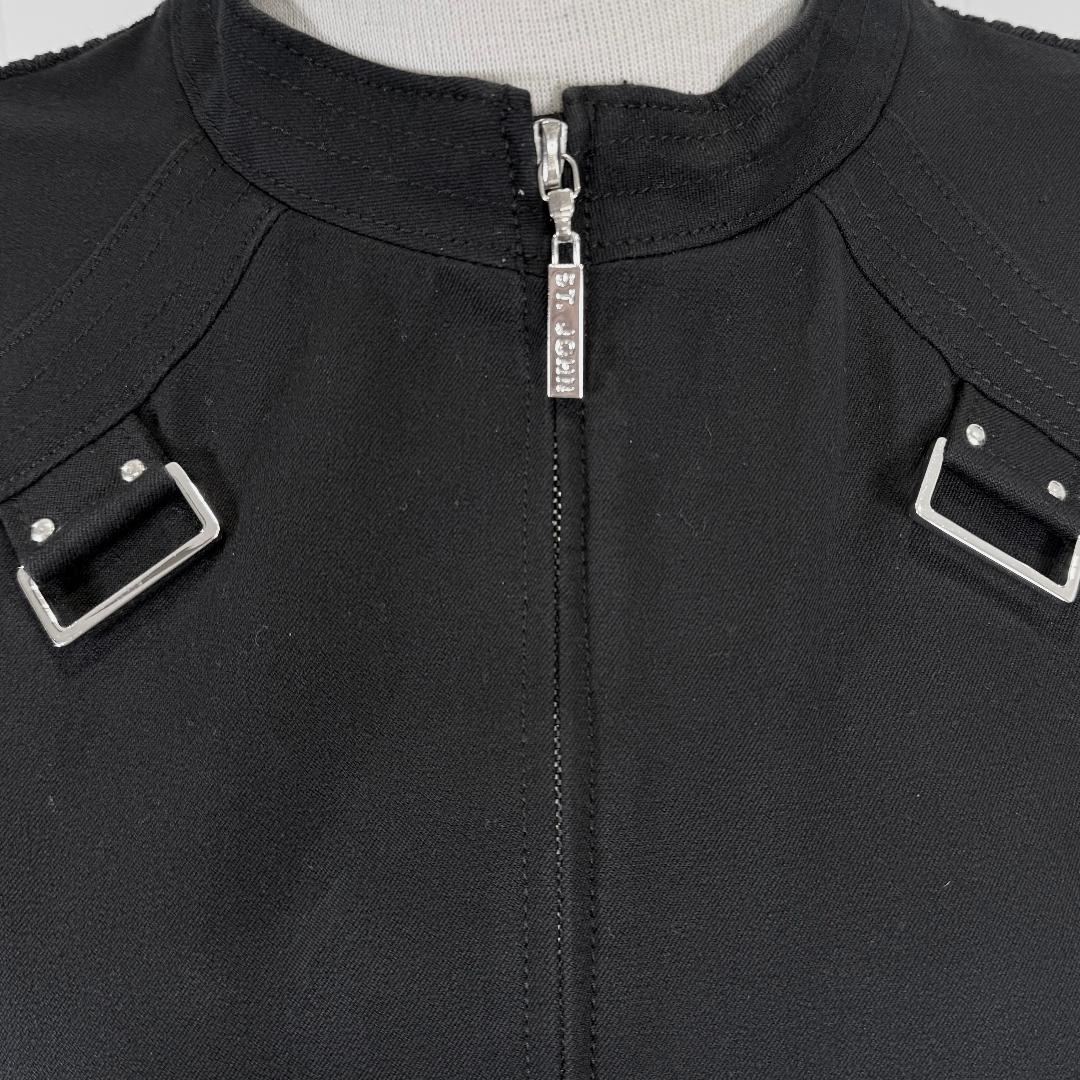 St. John Black Moto-Inspired Jacket - Double Zipper & Silver Hardware - Size XL/12/14