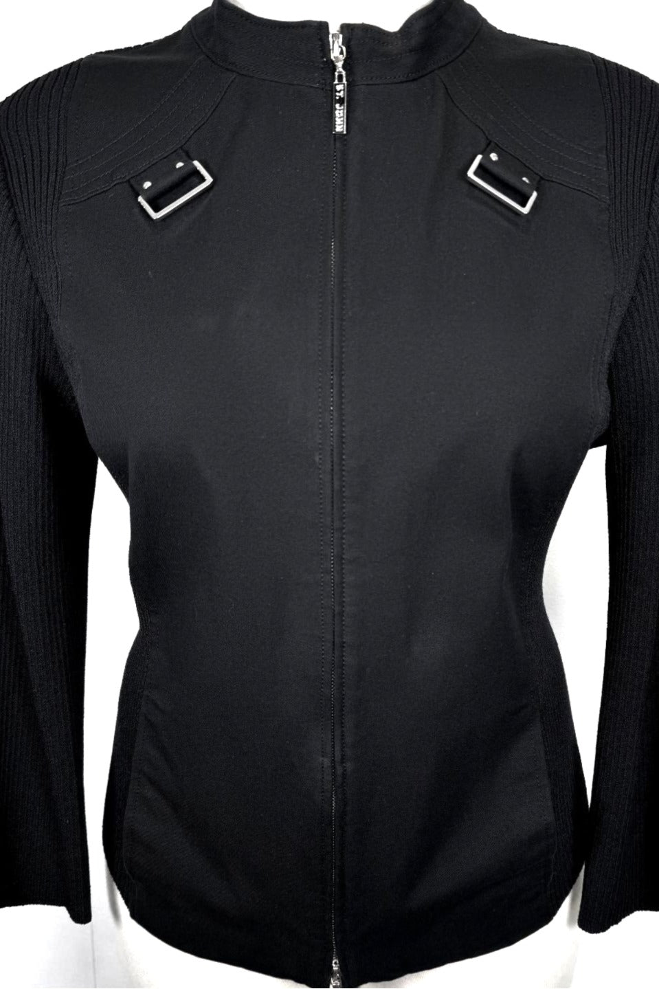 St. John Black Moto-Inspired Jacket - Double Zipper & Silver Hardware - Size XL/12/14