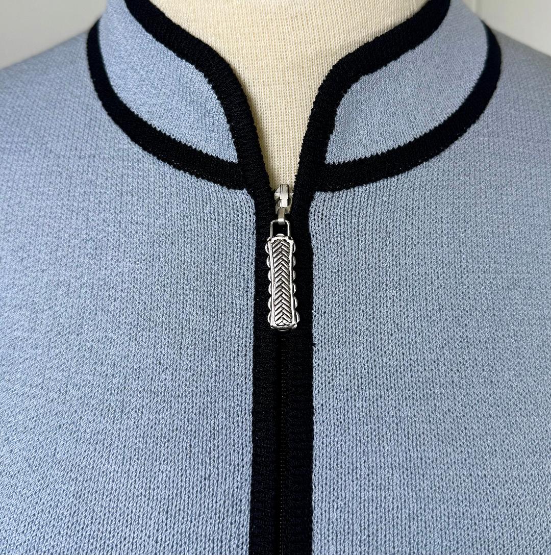 St. John Light Blue Zip Jacket - Black Trim & Chevron Detail - Size L/10/12