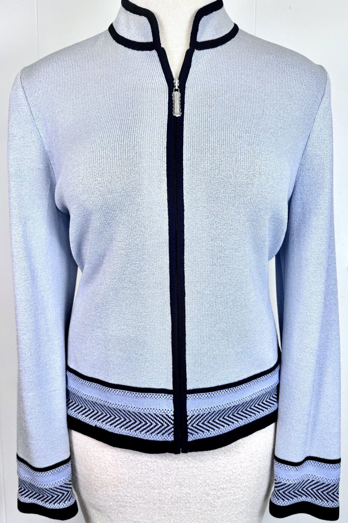 St. John Light Blue Zip Jacket - Black Trim & Chevron Detail - Size L/10/12
