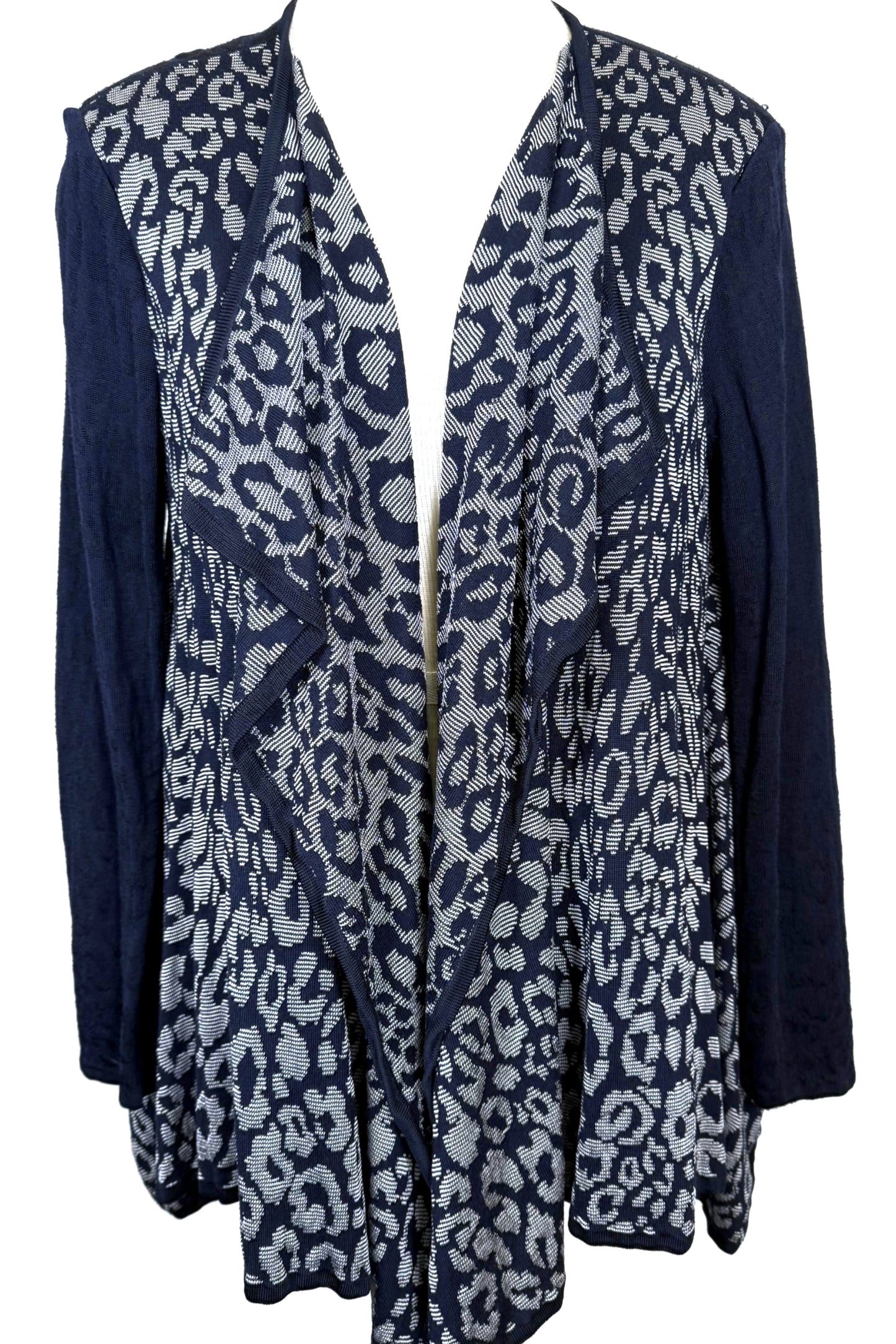 St. John Navy & Gray Leopard Print Open-Front Sport Jacket in Shimmer Rayon Blend - Size XL/12/14