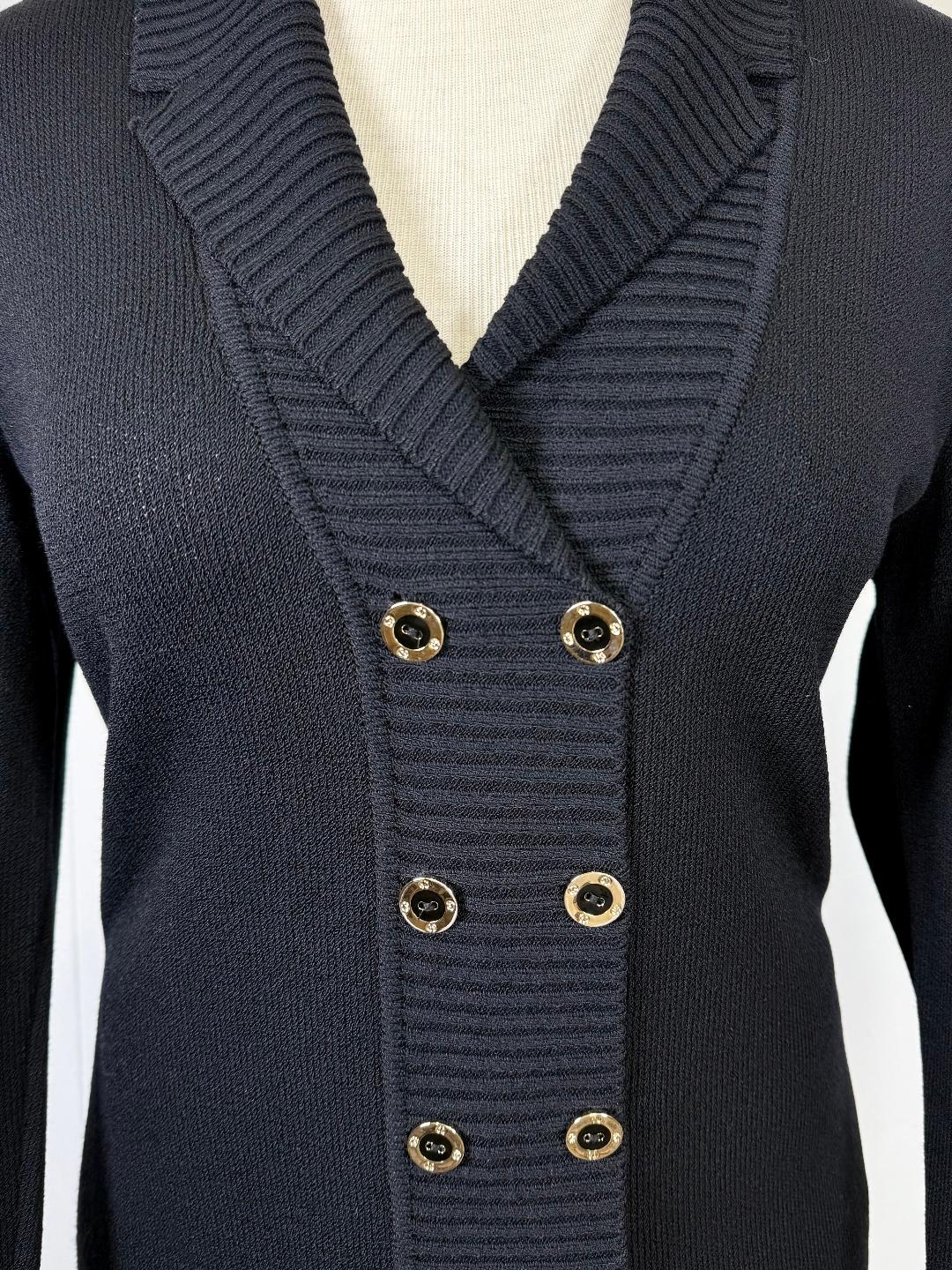 St. John Sport Long Black Double Breasted Jacket with Gold-Accent Logo Buttons - Size L/12/14