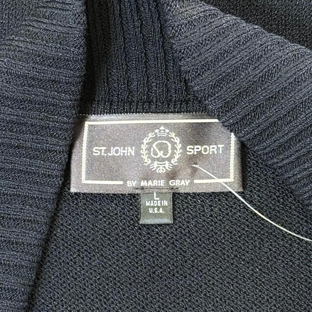 St. John Sport Long Black Double Breasted Jacket with Gold-Accent Logo Buttons - Size L/12/14