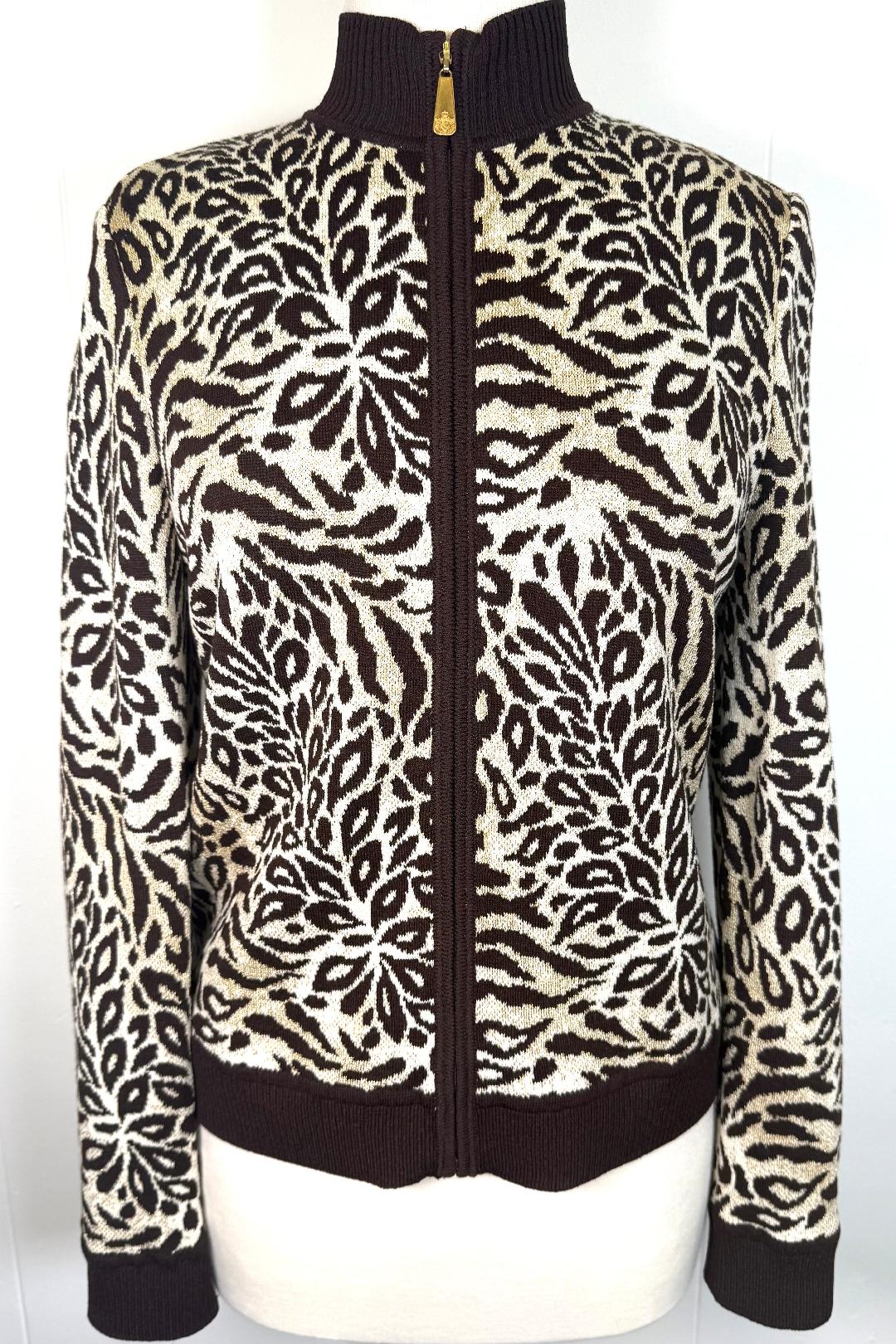 St. John Brown White Gold Wool-Blend Knit Zip Jacket – Size L/10/12