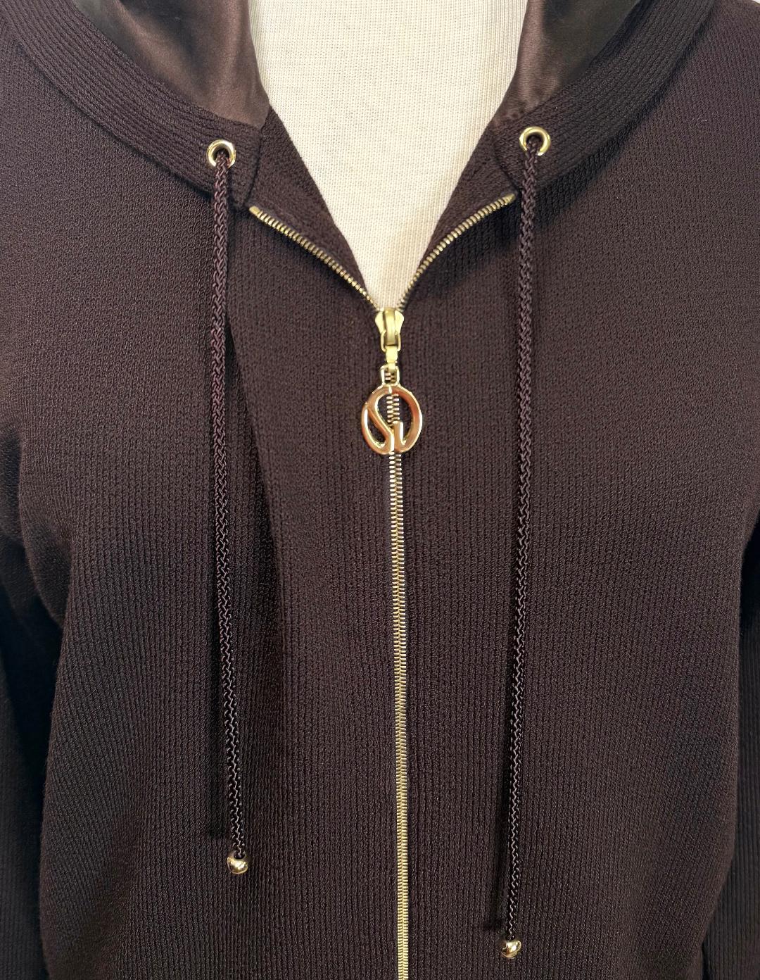 St. John Brown Santana Knit Sport Hooded Jacket – Gold Logo Zip – Size M
