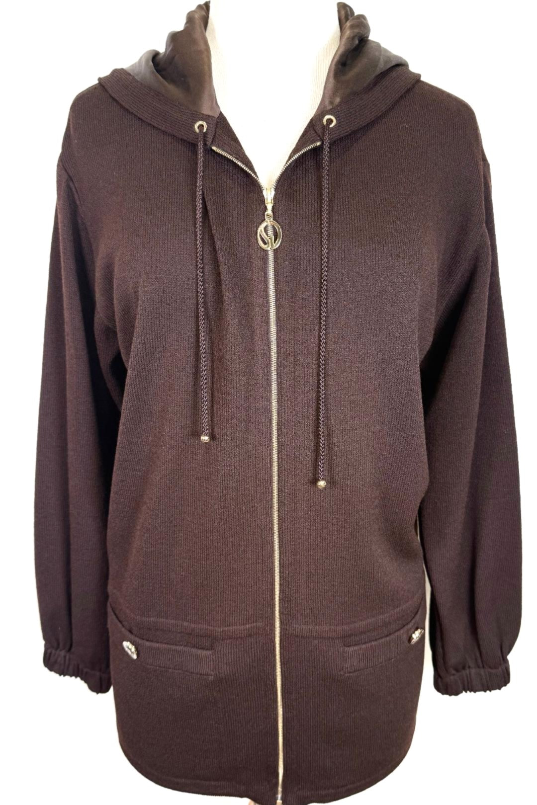 St. John Brown Santana Knit Sport Hooded Jacket – Gold Logo Zip – Size M