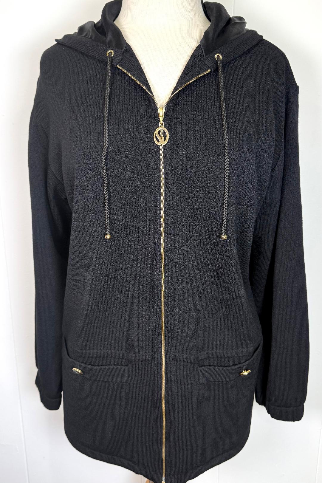 St. John Sport Black Santana Knit Hooded Jacket with Gold Hardware – Relaxed Fit - Multiple Sizes