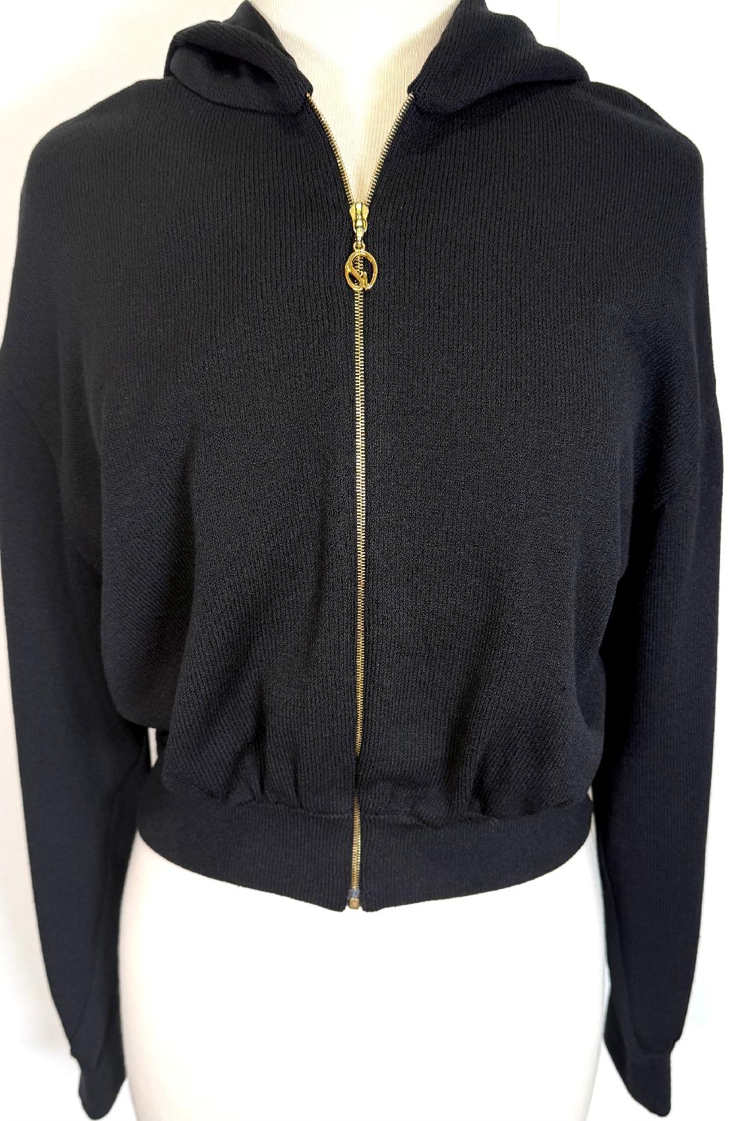 St. John Sport Black Santana Knit Cropped Hooded Jacket with Gold Zipper – Relaxed Fit - Multiple Sizes
