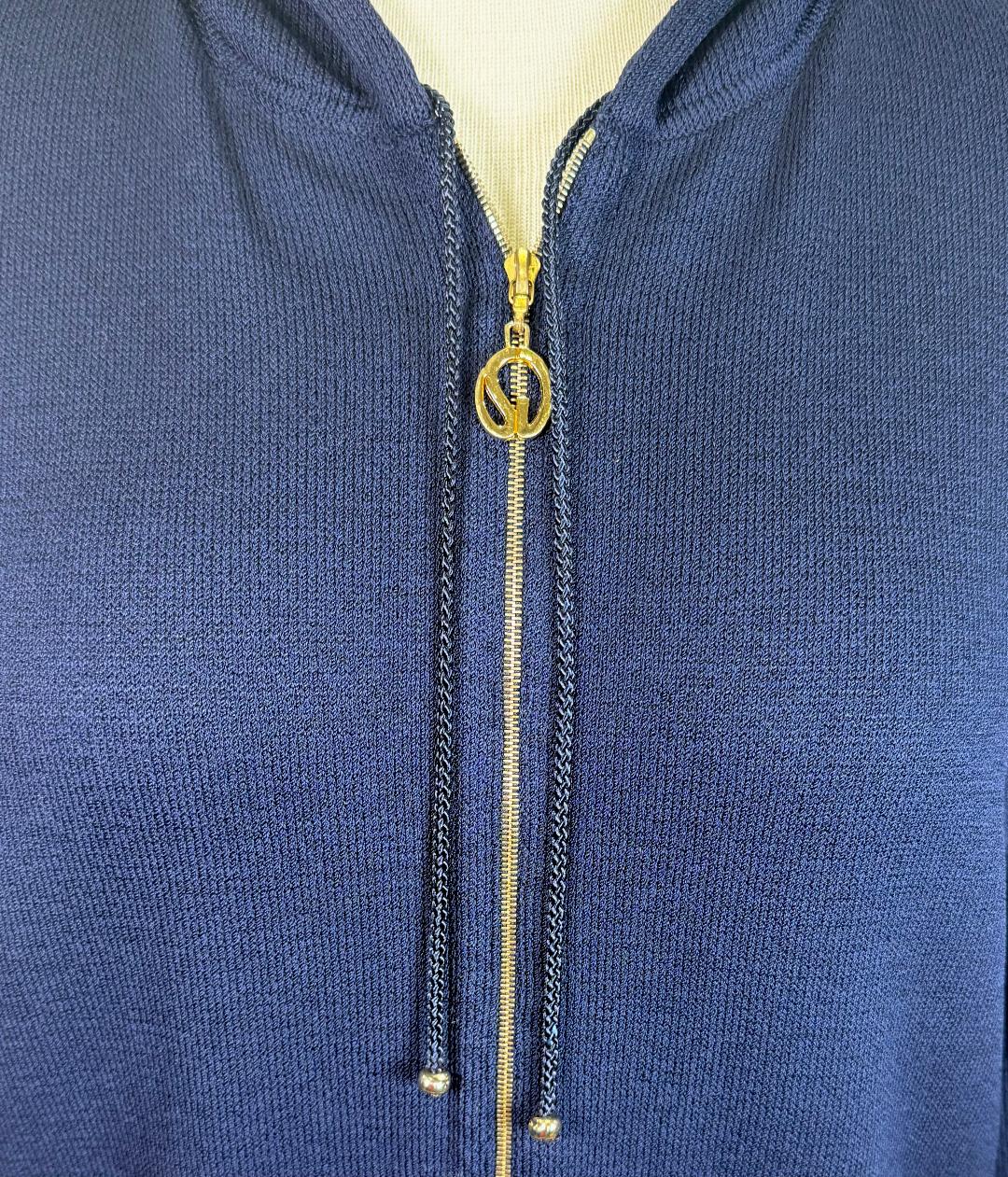 St. John Sport Navy Santana Knit Hooded Jacket with Gold Zipper – Relaxed Fit - Size L