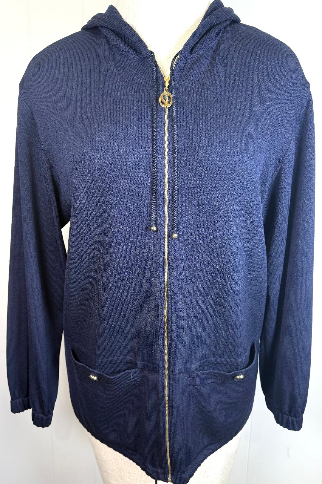 St. John Sport Navy Santana Knit Hooded Jacket with Gold Zipper – Relaxed Fit - Size L