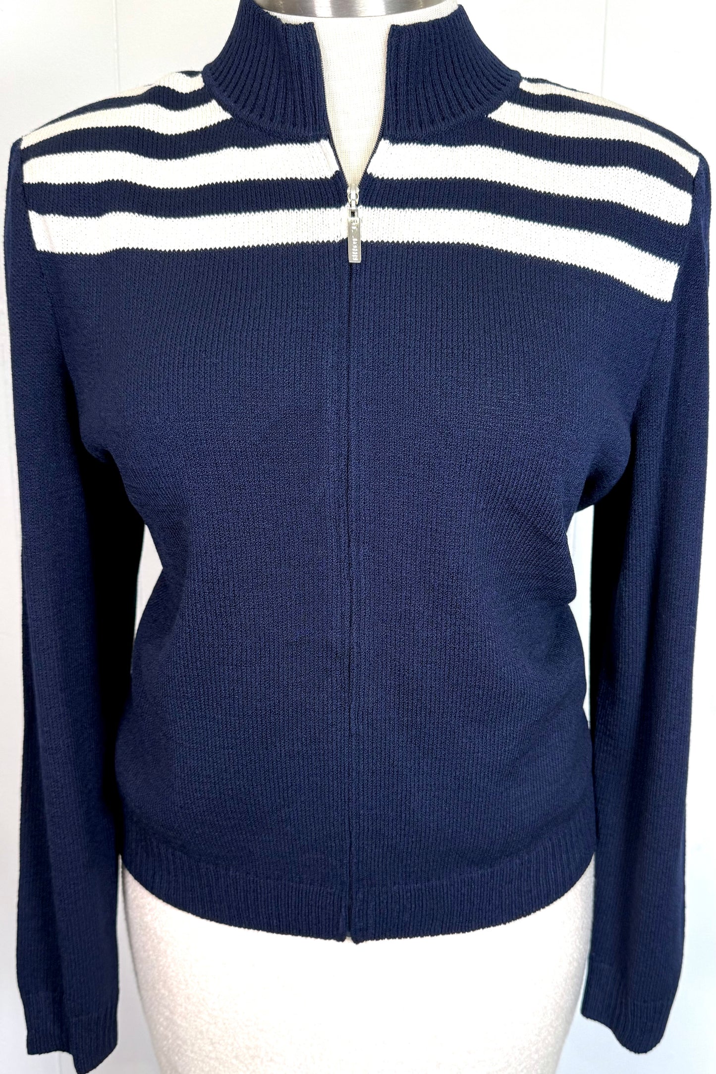 St. John Navy Santana Knit Jacket – White Stripe Detail – Size 12