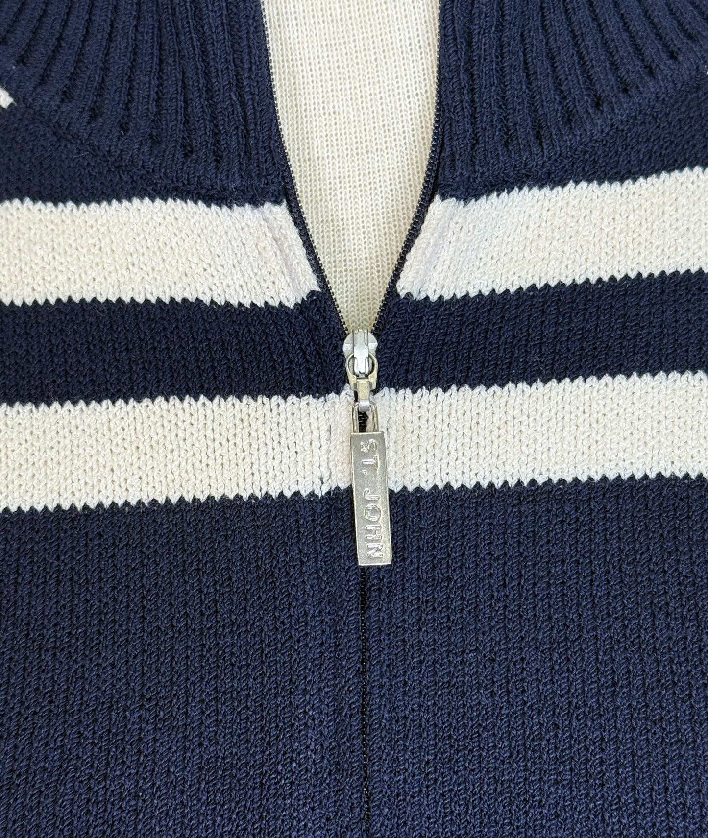 St. John Navy Santana Knit Jacket – White Stripe Detail – Size 12