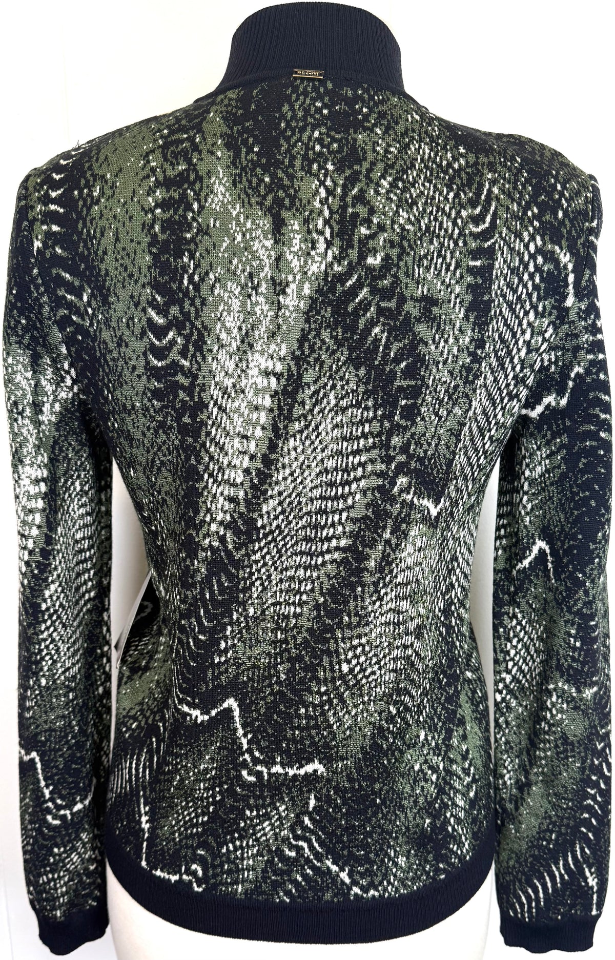 St. John Black, Green & White Print Knit Jacket – Logo Zipper Detail – Size P