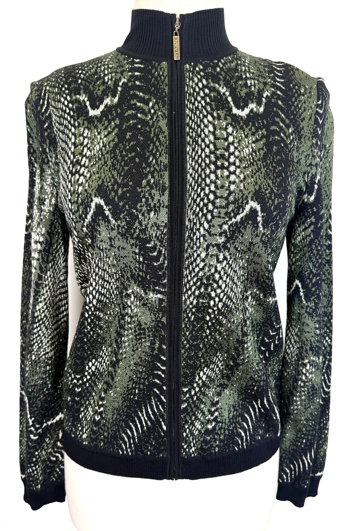 St. John Black, Green & White Print Knit Jacket – Logo Zipper Detail – Size P