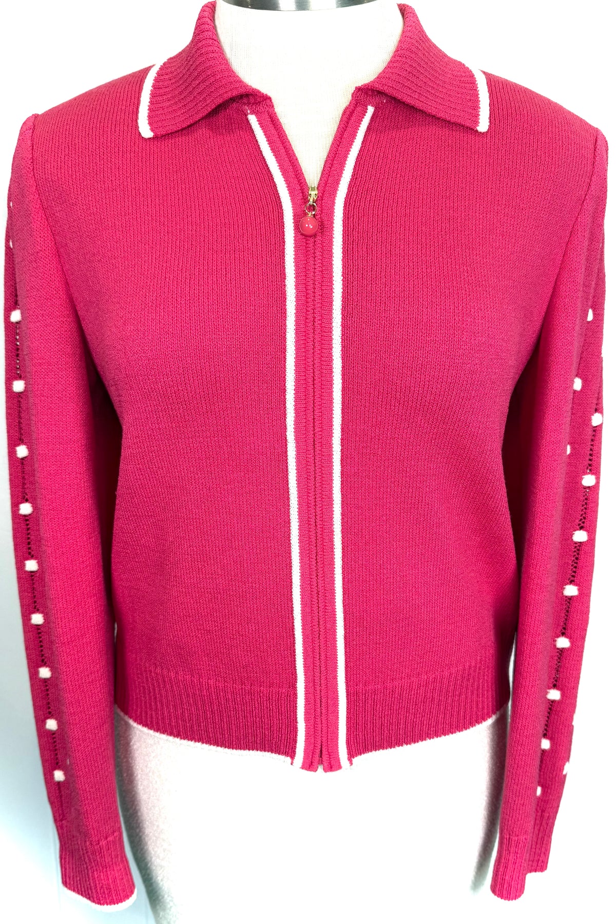 St. John Hot Pink Santana Knit Jacket – White Trim & Pink Zipper Pull – Size 12