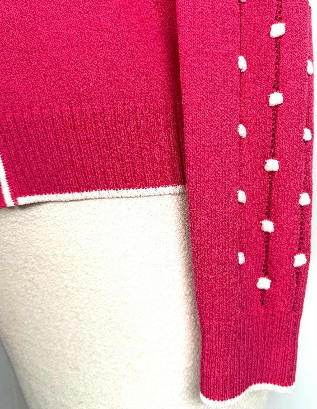 St. John Hot Pink Santana Knit Jacket – White Trim & Pink Zipper Pull – Size 12