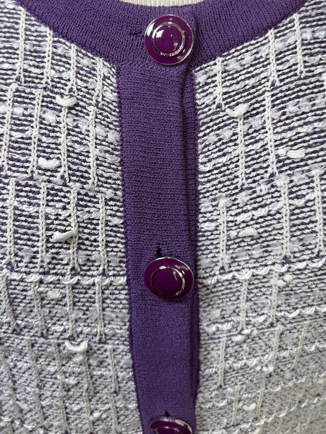 St. John Rare 3-Piece Santana Knit Skirt Suit in Purple & White with Logo Buttons & Flower Pin - NWT $2,735 - Size 14