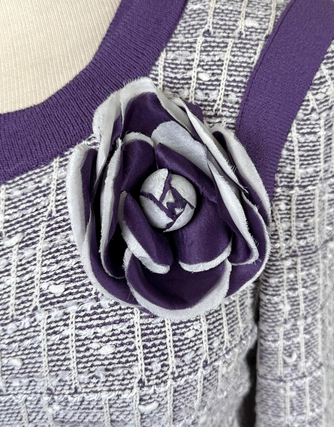 St. John Rare 3-Piece Santana Knit Skirt Suit in Purple & White with Logo Buttons & Flower Pin - NWT $2,735 - Size 14