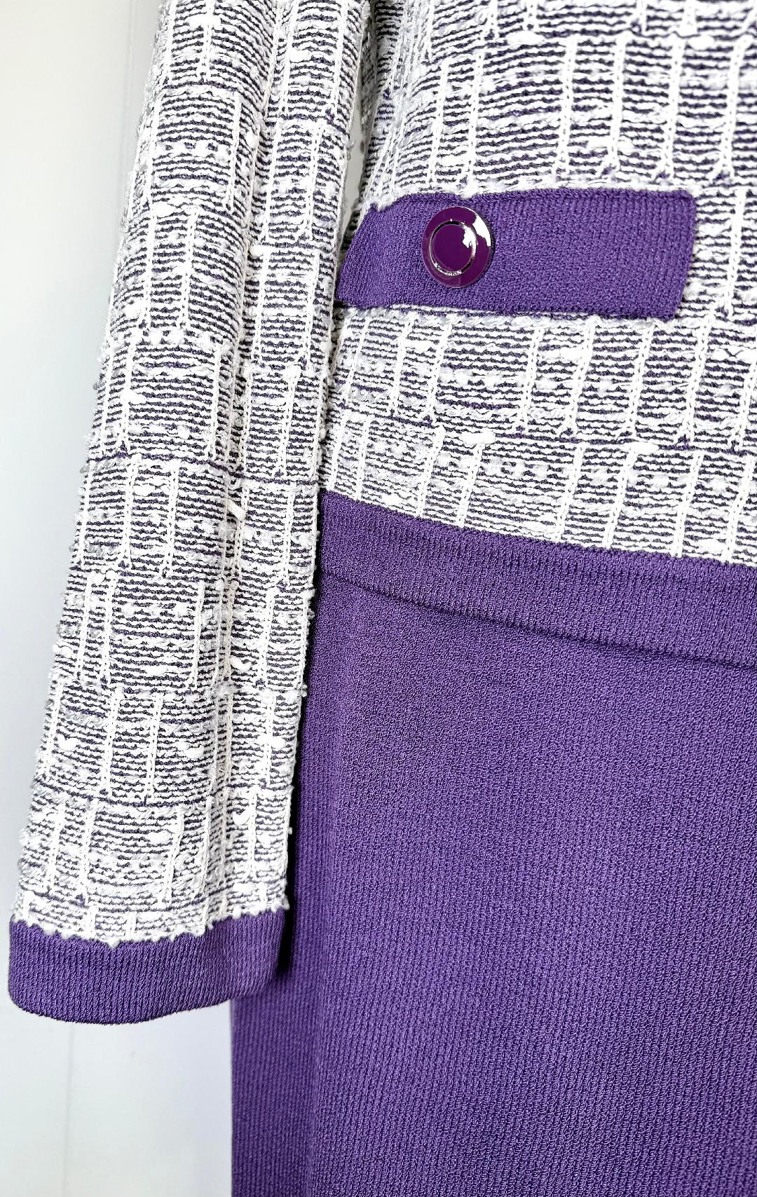 St. John Rare 3-Piece Santana Knit Skirt Suit in Purple & White with Logo Buttons & Flower Pin - NWT $2,735 - Size 14