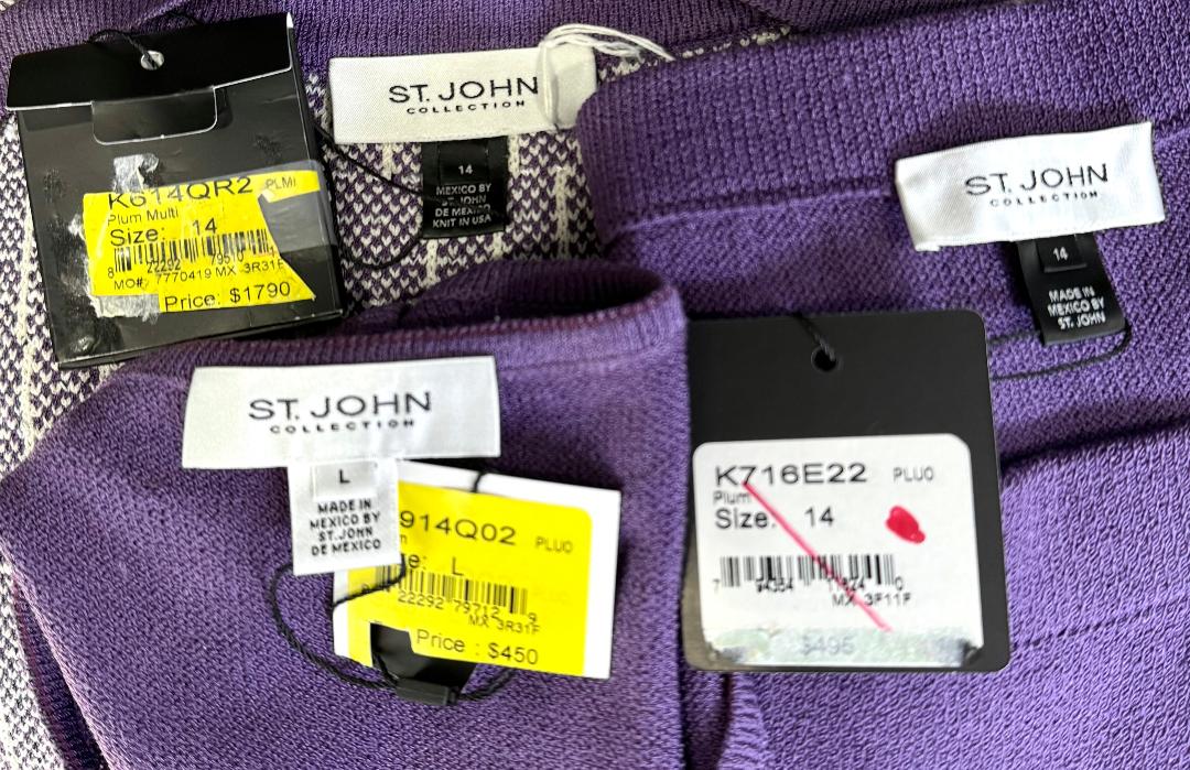 St. John Rare 3-Piece Santana Knit Skirt Suit in Purple & White with Logo Buttons & Flower Pin - NWT $2,735 - Size 14
