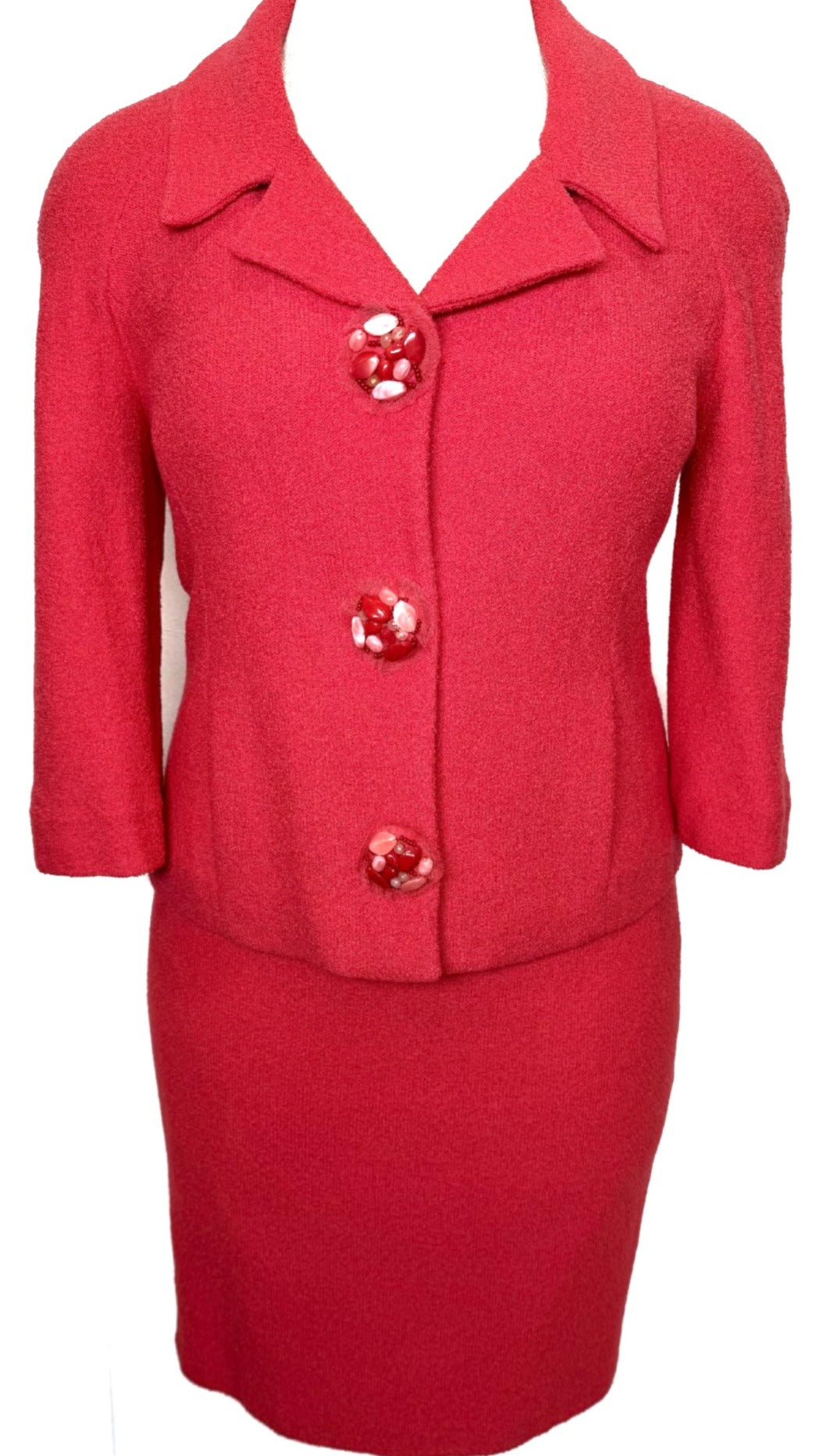 St. John Couture Coral Two-Piece Skirt Suit – Couture Details & Statement Buttons - Size 8