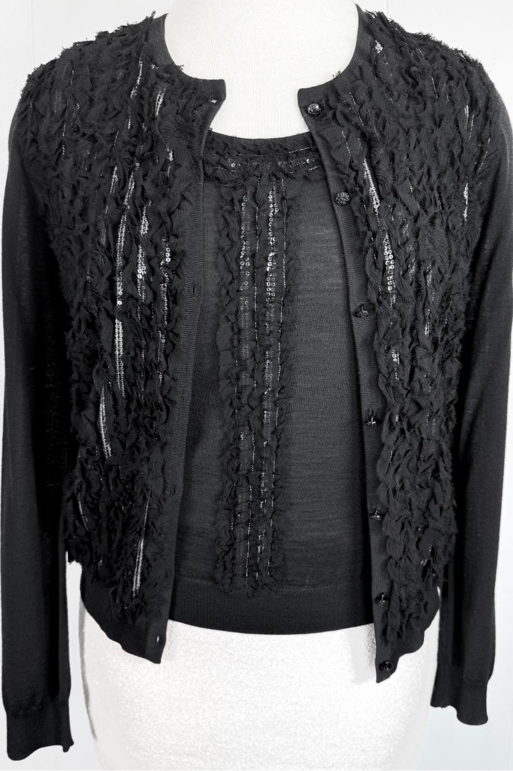 St. John Black Knit Twin Set with Ruffled Sequin Trim – Lightweight & Elegant - Size M
