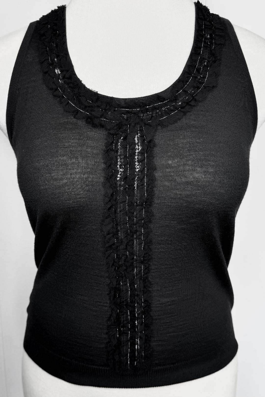 St. John Black Knit Twin Set with Ruffled Sequin Trim – Lightweight & Elegant - Size M