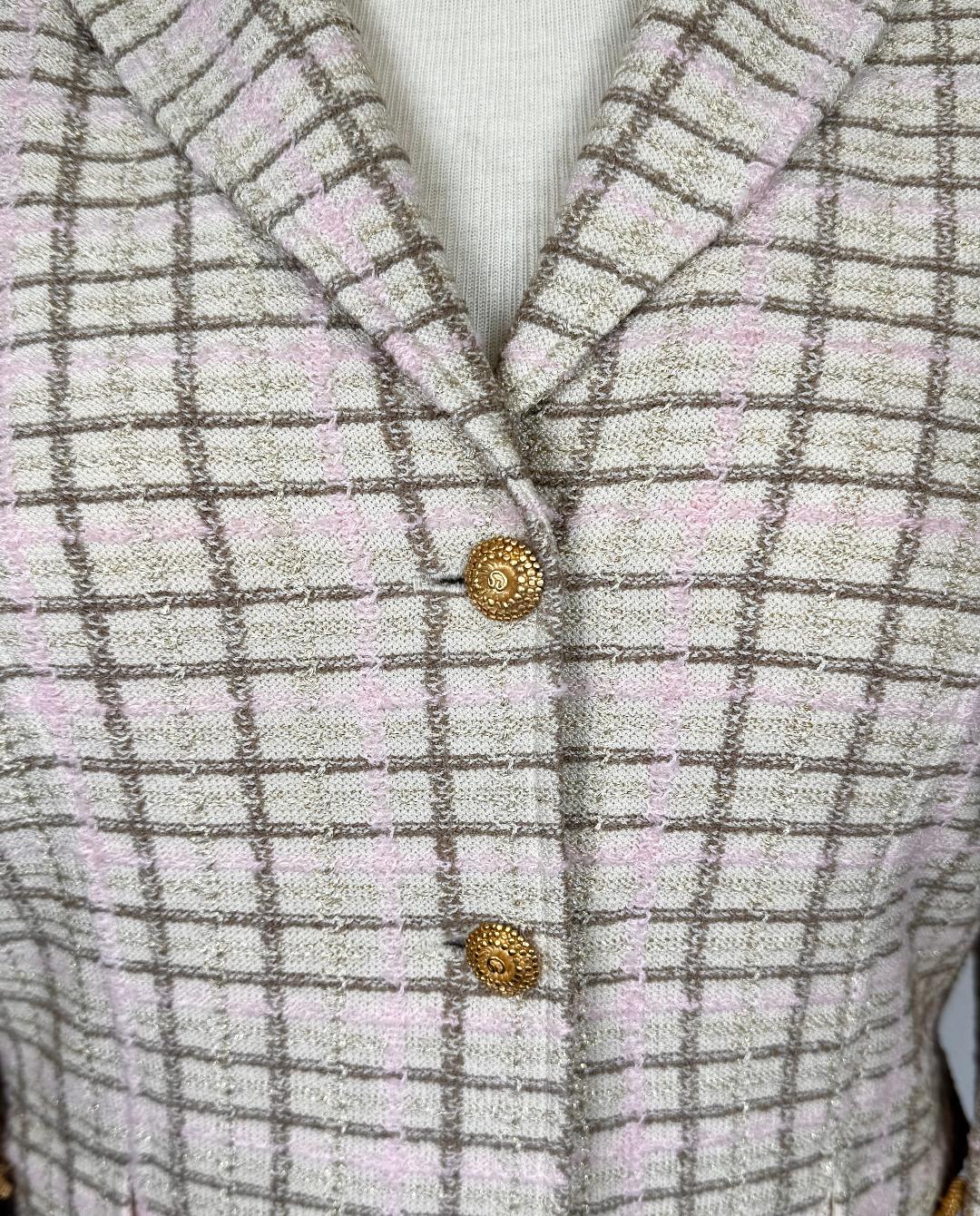 St. John Beige–Pink–Gold Plaid Santana Knit Skirt Suit – Two-Piece Textured Ensemble - Size 12