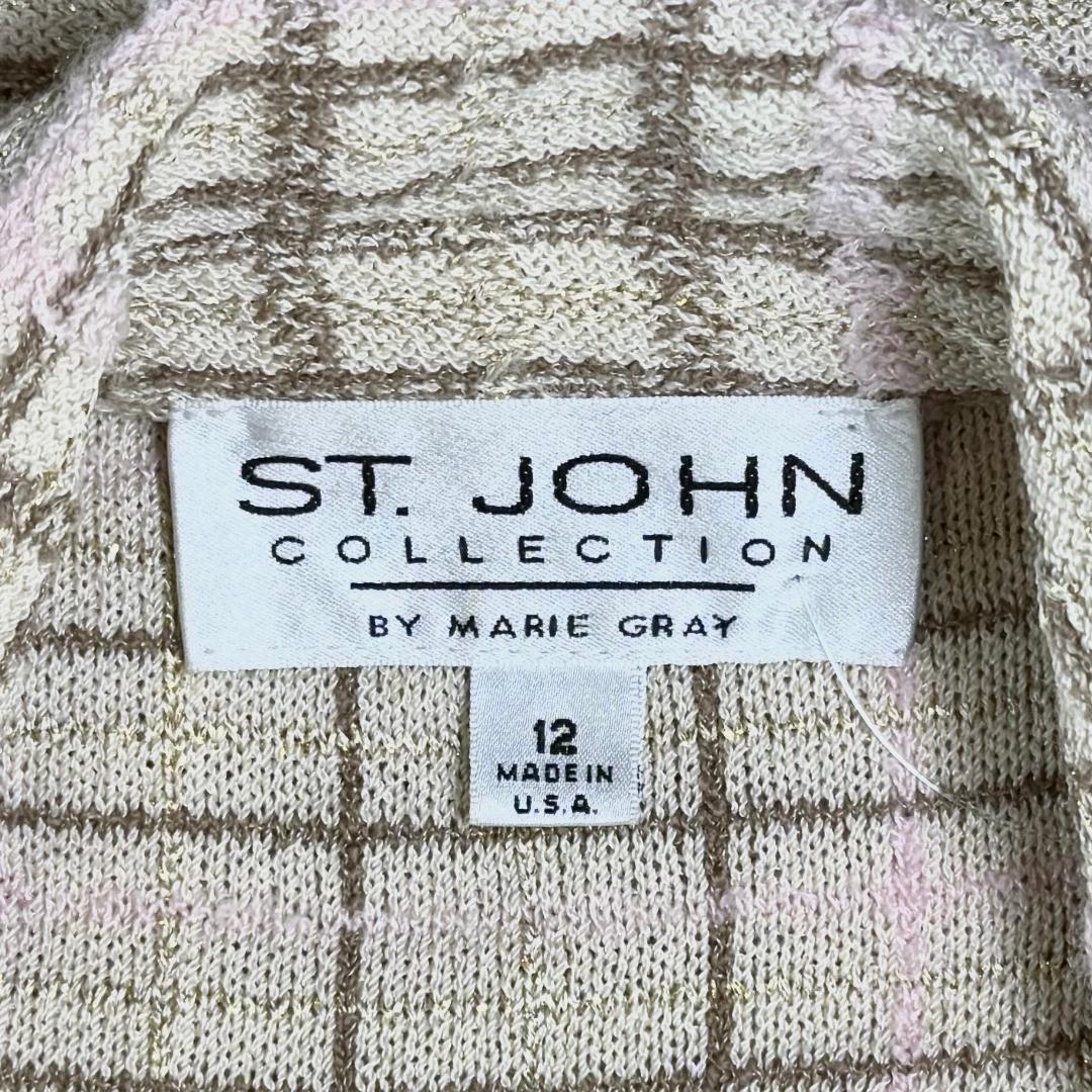 St. John Beige–Pink–Gold Plaid Santana Knit Skirt Suit – Two-Piece Textured Ensemble - Size 12