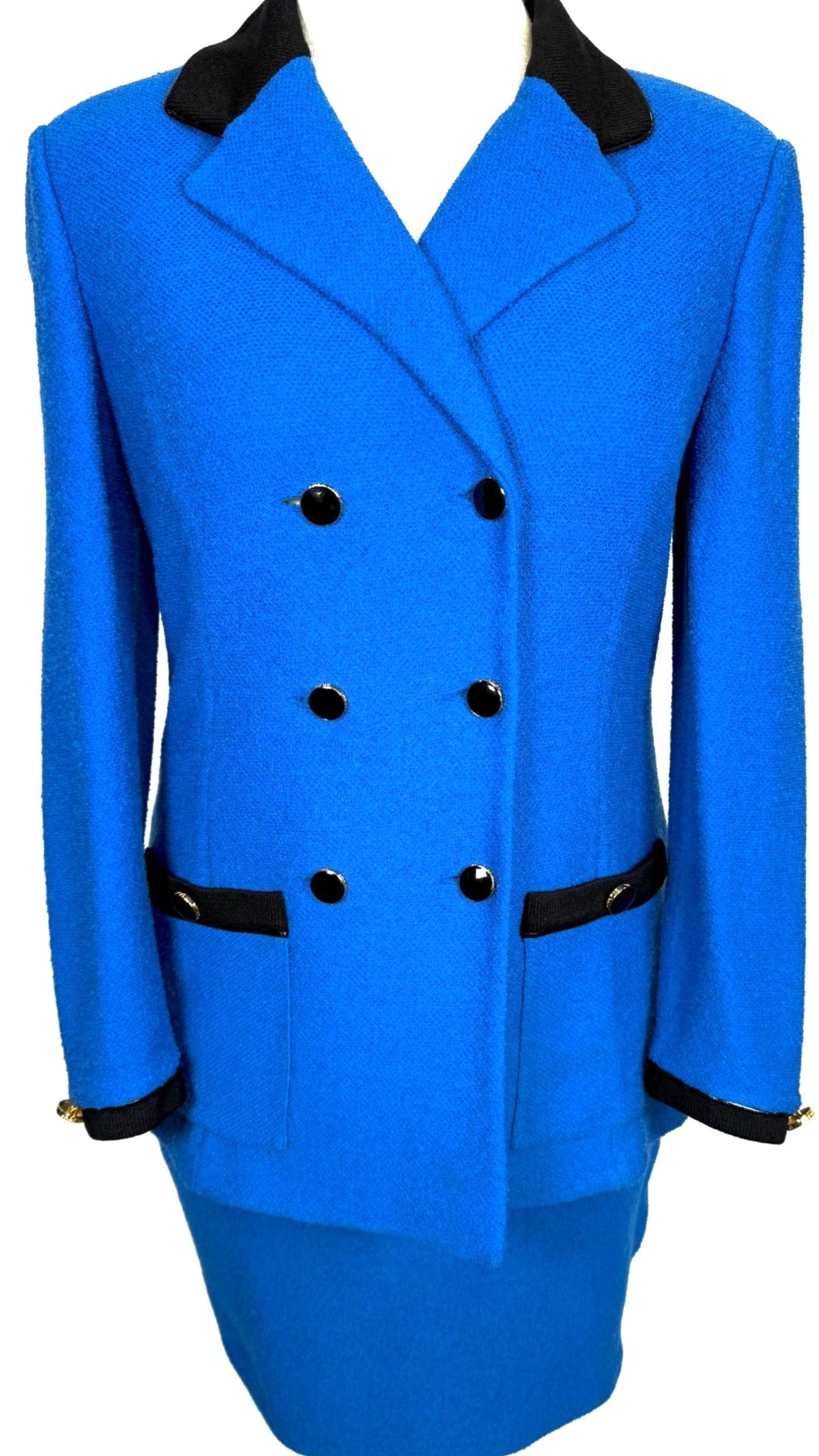 St. John Blue Textured Knit Double-Breasted Skirt Suit – Black Trim & Gold Logo Buttons - Size 10/12