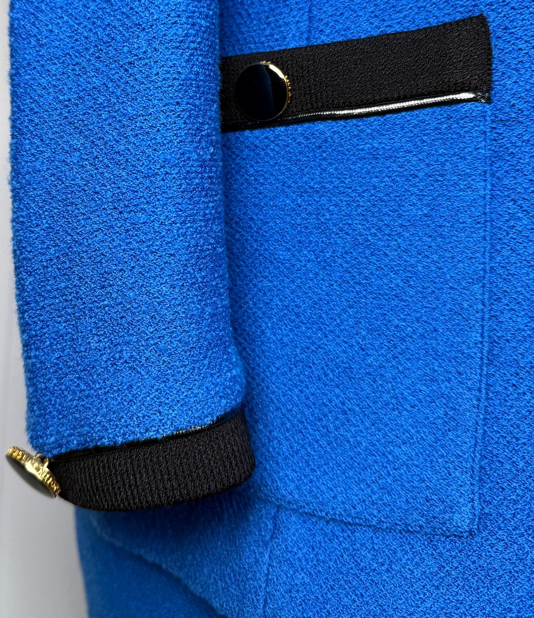St. John Blue Textured Knit Double-Breasted Skirt Suit – Black Trim & Gold Logo Buttons - Size 10/12