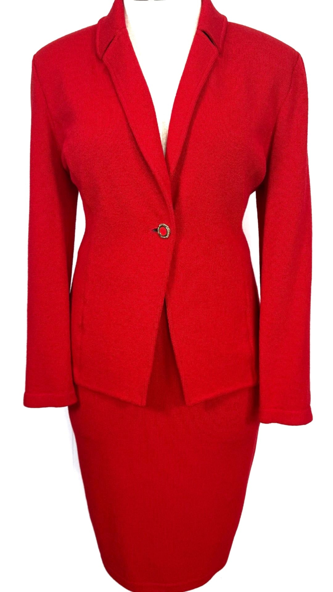 St. John Red Santana Knit Skirt Suit – Notched Lapel Jacket & Classic Pencil Skirt – Size 10/12