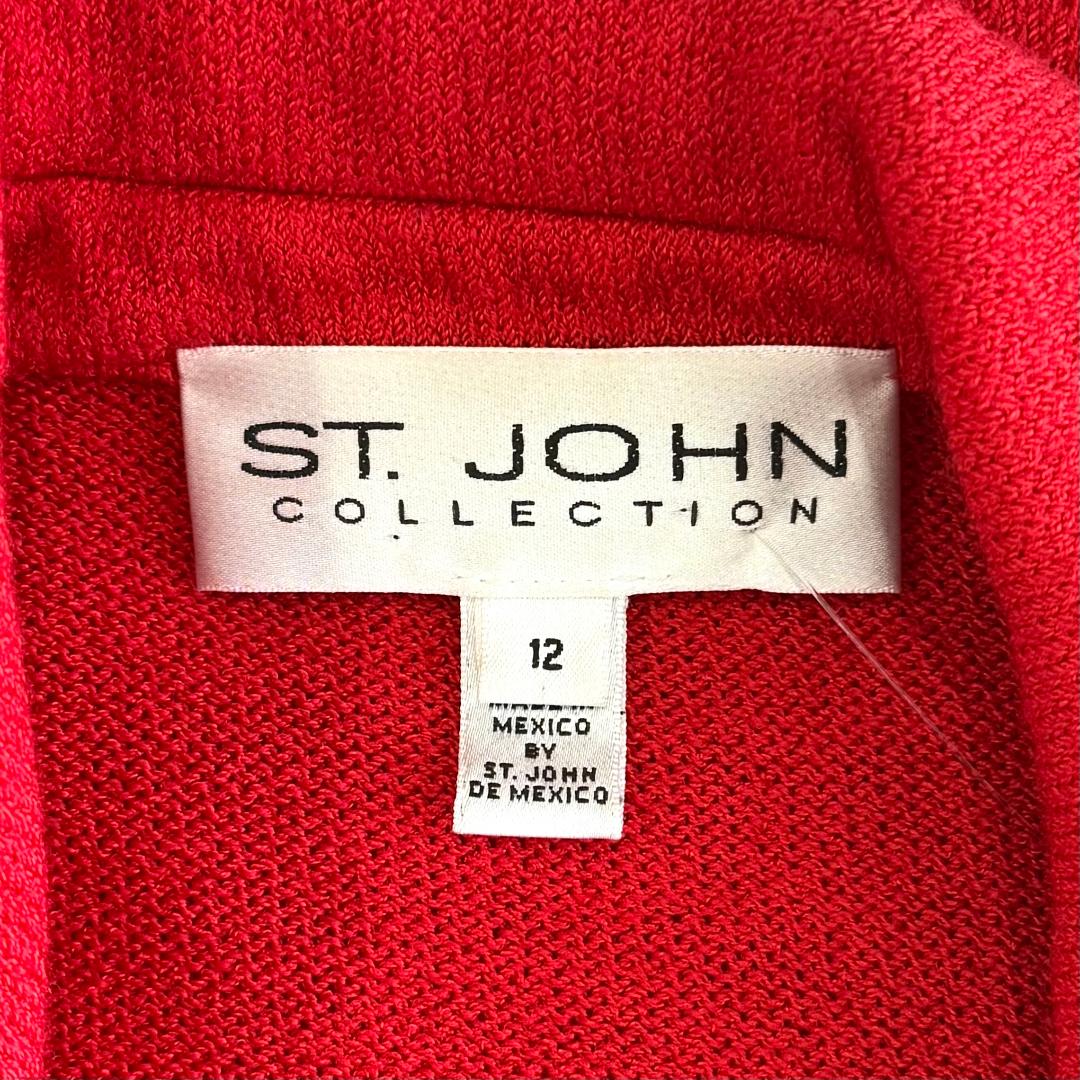 St. John Red Santana Knit Skirt Suit – Notched Lapel Jacket & Classic Pencil Skirt – Size 10/12