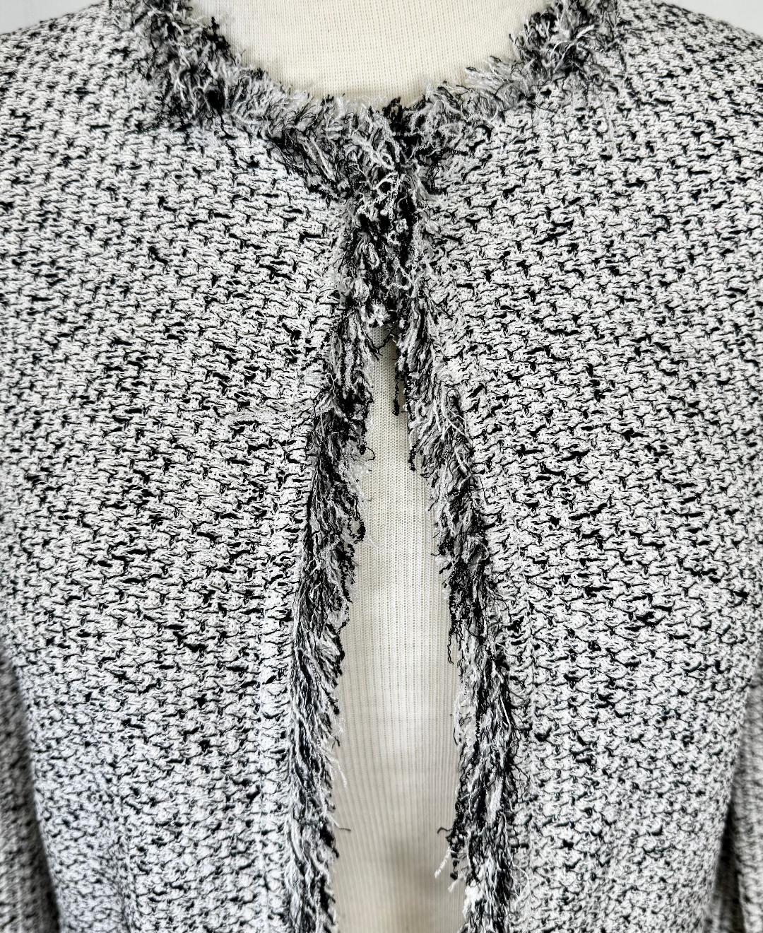 St. John Black & White Textured Wool Blend Knit 2-Piece Set – Fringe Jacket & Elastic Waist Skirt – Size 10 - NWT $2,000