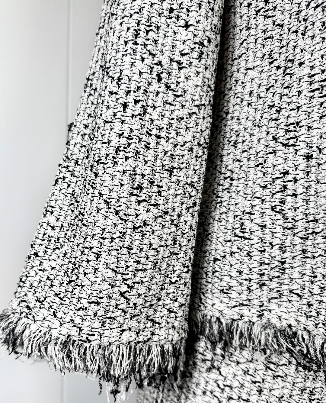 St. John Black & White Textured Wool Blend Knit 2-Piece Set – Fringe Jacket & Elastic Waist Skirt – Size 10 - NWT $2,000