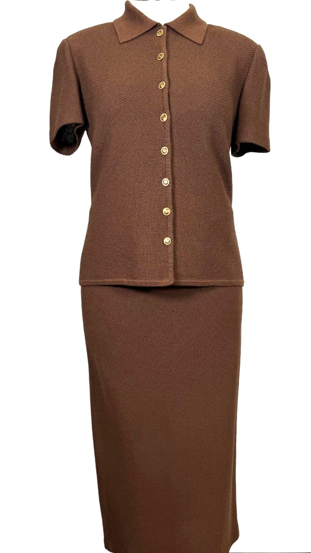 St. John Brown Textured Santana Knit 2-Piece Suit – Short Sleeve Jacket & Long Skirt – Size 10