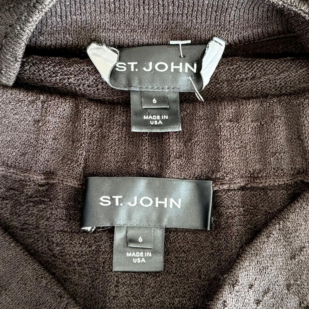 St. John Dark Brown Santana Knit Skirt Suit – Zipper Front Jacket – Size 6