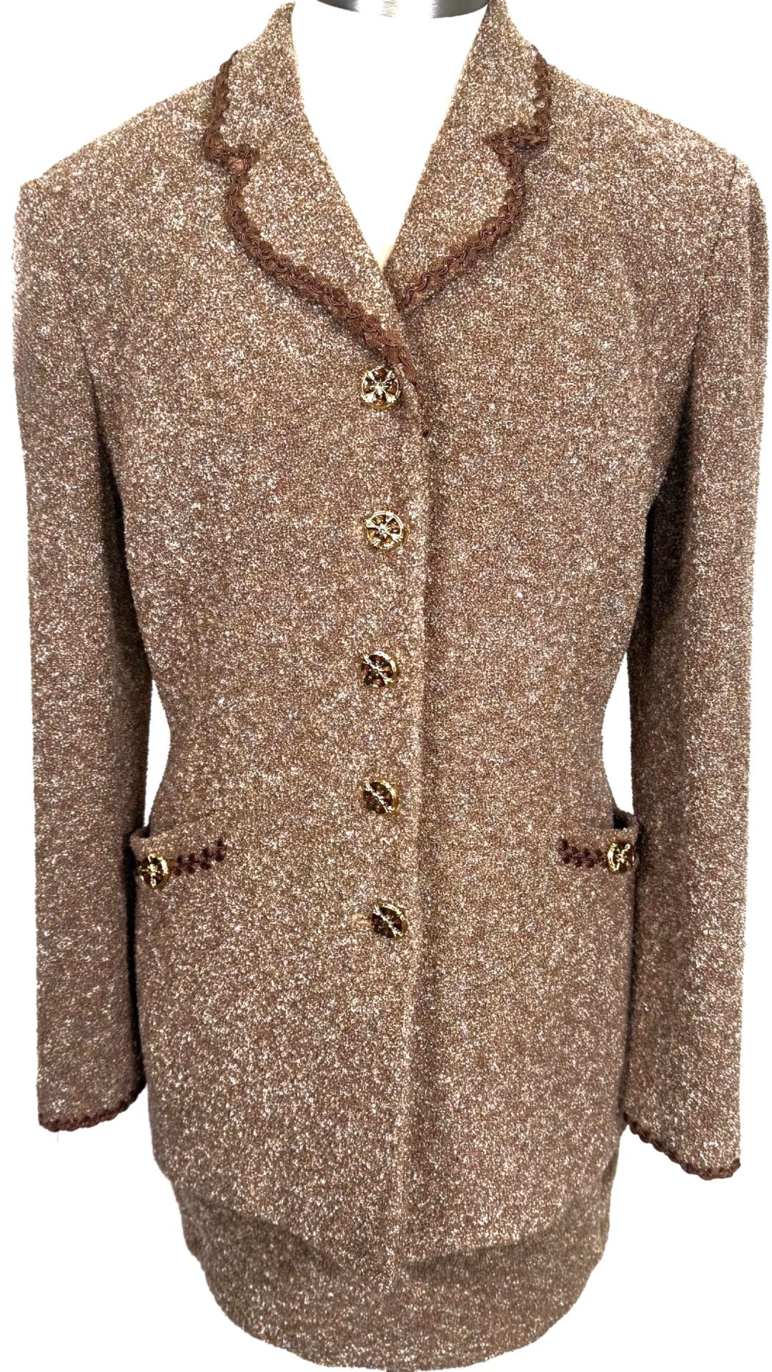 St. John Multi Brown Textured Knit Skirt Suit – Logo Buttons & Trim – Size 6