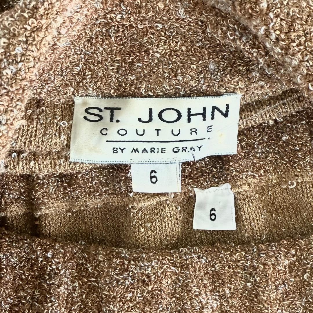St. John Multi Brown Textured Knit Skirt Suit – Logo Buttons & Trim – Size 6