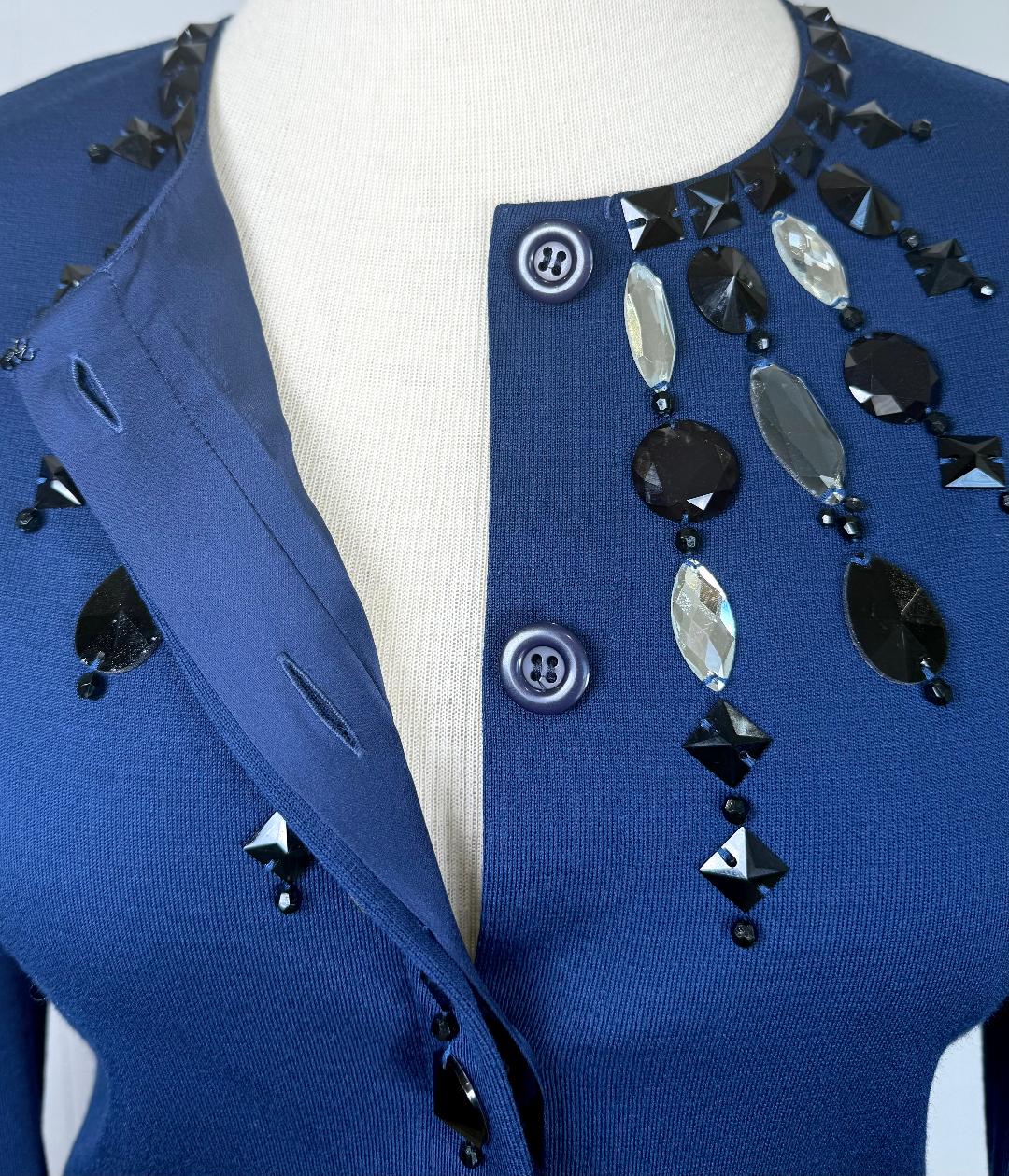 St. John Blue Wool Blend Knit Skirt Suit – Embellished Jacket – Size 6