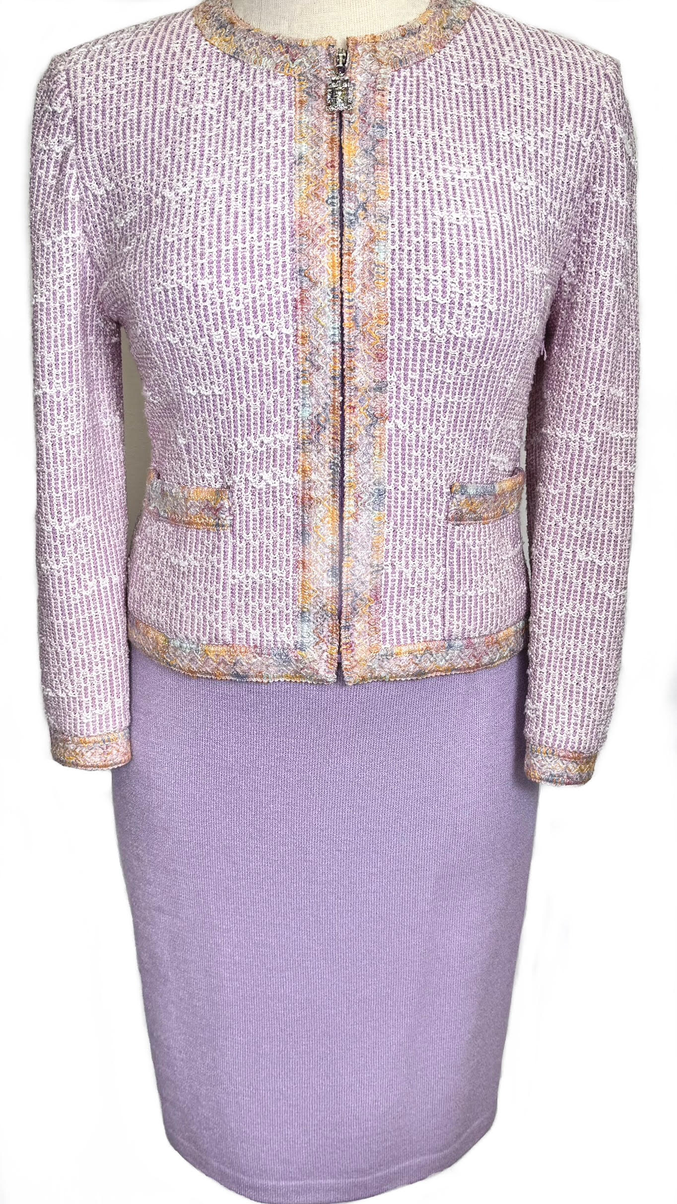 St. John Couture White & Purple Textured Knit Suit – Multi Trim & Zipper Front – Size 10 (Fits 6/8)