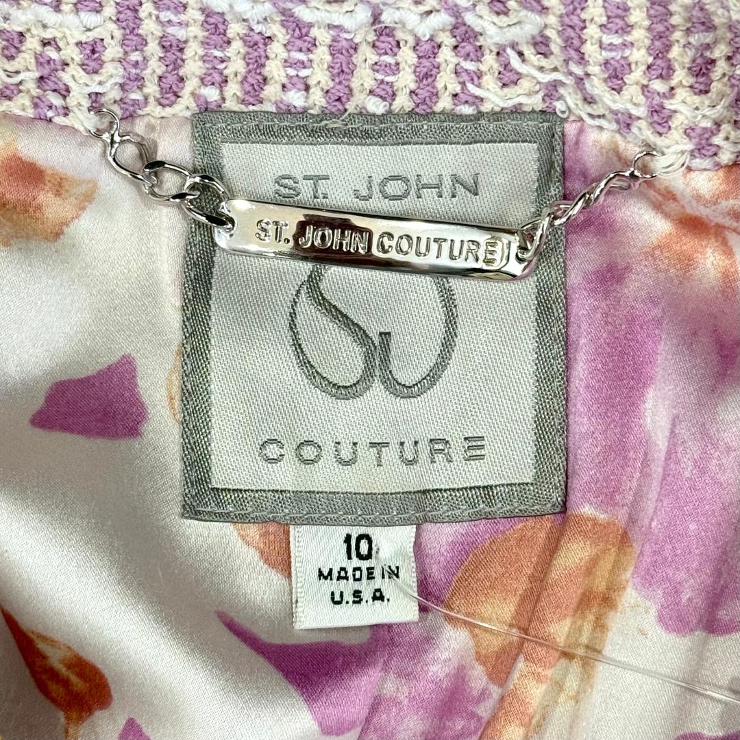 St. John Couture White & Purple Textured Knit Suit – Multi Trim & Zipper Front – Size 10 (Fits 6/8)