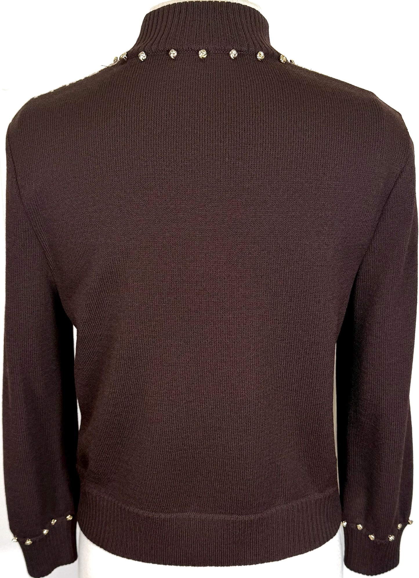 St. John Wool Blend Knit Brown and White Print Jacket & Top Set – Gold Trim & Logo Zipper Detail – Size 2 / P